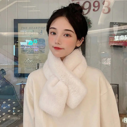 Plush Cross Women's Scarf Winter Thickened Soft Furry Neck Warmer Cute Solid Color Faux Rabbit Fur Scarf Women Collar Scarf New
