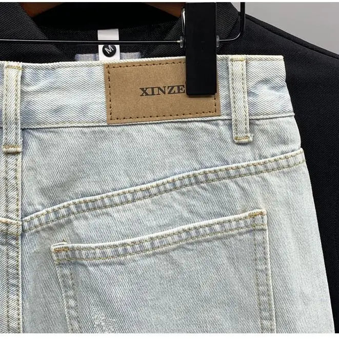 New 2025 Beggar Cat Whisker Big Hole Popular Pants Men's Summer Trendy Brand Washed Blue Denim Shorts Streetwear Ripped Jeans