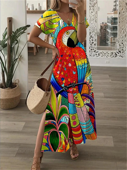 Simple Fashion Women's V-neck Dress Striped Print Women's Dress Summer Loose Comfortable Slit Women's Short-sleeved Dress