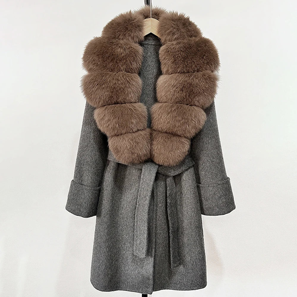 GENHUA 2025 New Winter Cashmere Wool Blends Women Natural Fox Fur Collar Cuffs Slim Fit Suit Double Sided Woolen Trench Coat