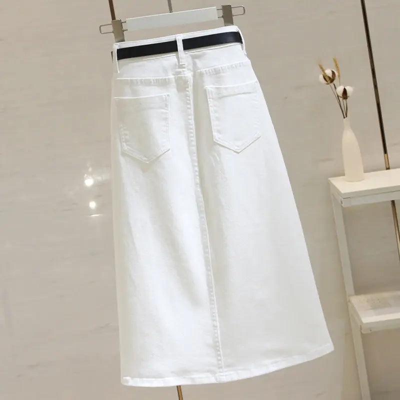 White High-waisted Denim Skirt 2026 New Women's Medium and Long A-shaped Split Hip Skirt