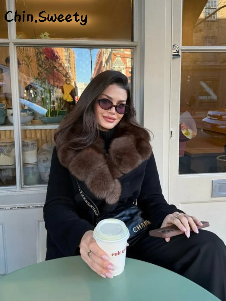 Street Women's Double Breasted Cropped Trench Coat With Faux Fur Collar Loose Full Sleeve Pocket Jacket 2025 Autumn Lady Outwear