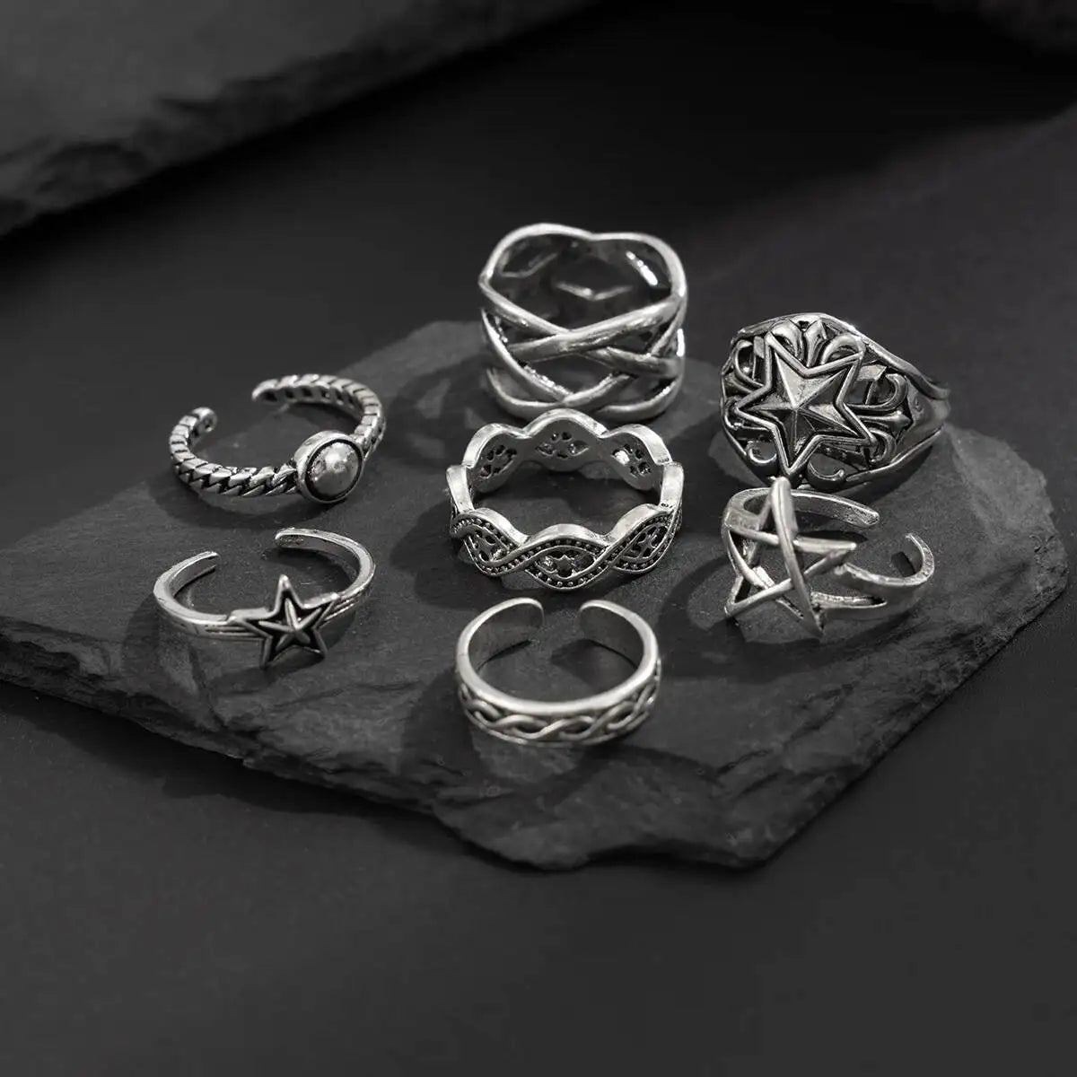 Ingemark 7Pcs/Set Goth Hollow Star Open Rings for Men New Trend Hip Hop Adjustable Finger Rings Grunge Jewelry Steampunk Gift