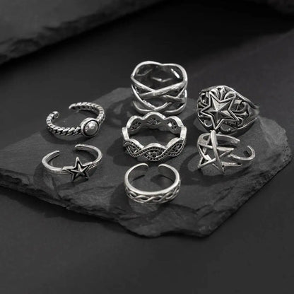 Ingemark 7Pcs/Set Goth Hollow Star Open Rings for Men New Trend Hip Hop Adjustable Finger Rings Grunge Jewelry Steampunk Gift