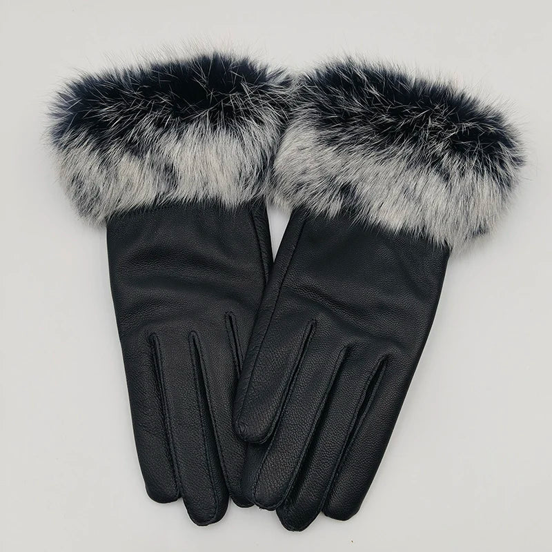 2025 Women Winter Warm Genuine Sheep Leather Glove With Real Fur Trimming Female Warm Real Leather Fur High Quality Mittens