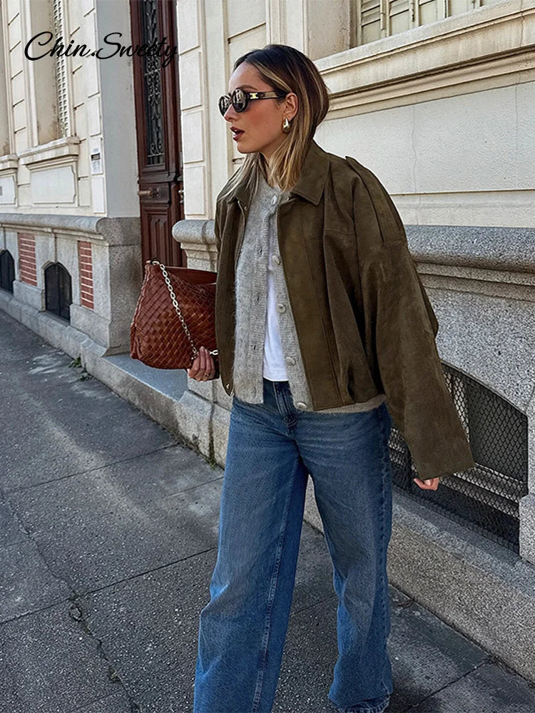 Casual Women's Suede Short Jacket Green Loose Lapel Long Sleeve Zipper Thick Coat 2025 Spring Lady High Street New in Outwears
