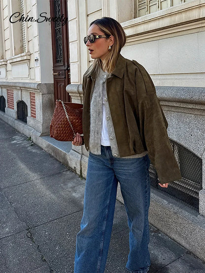 Casual Women's Suede Short Jacket Green Loose Lapel Long Sleeve Zipper Thick Coat 2025 Spring Lady High Street New in Outwears