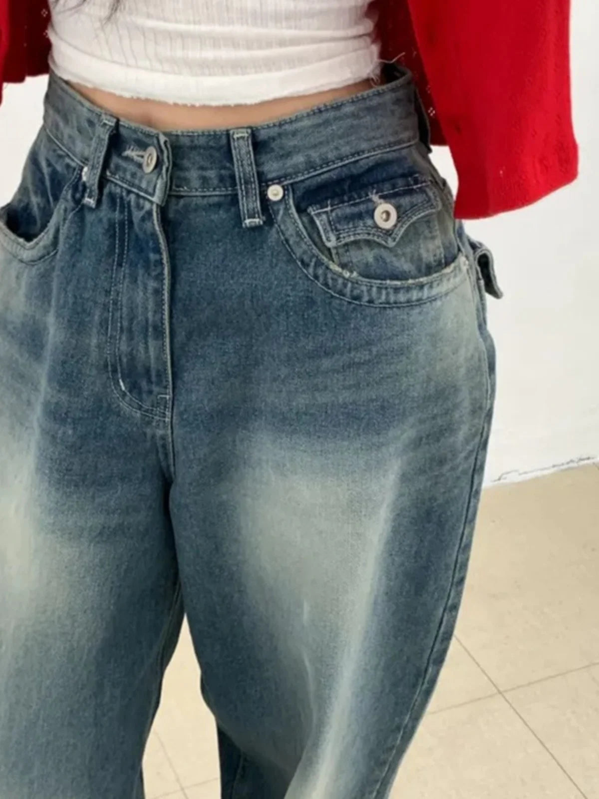 Retro Hong Kong Sle Women's Denim Jeans with ket Design Loose Wide Leg Pants Faionable Casual Long Trousers
