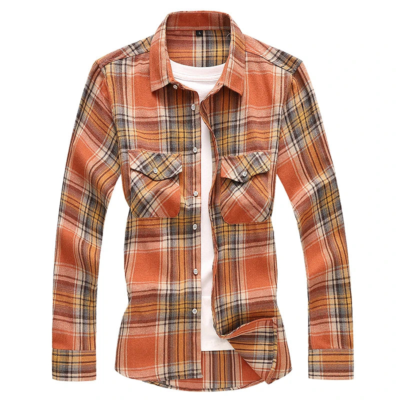 2026 New Men's Long Sleeved Plaid Shirt, with Two Chest Pockets Single Breasted Lapel Cotton Shirts Big Size Male Top Chemise