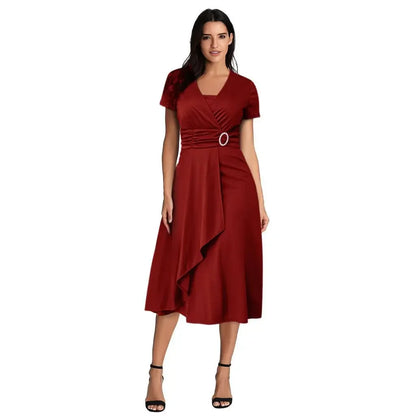 Elegant Women Solid Color Short Sleeve V Neck Asymmetric Hem Waist Tight Midi Party Dress Ladies Evening Vestidos