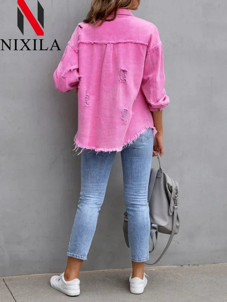 Spring Autumn Denim Women's Jacket Rough Selvedge Ripped Loose Fit Long Sleeve Korean Fashion Female Top
