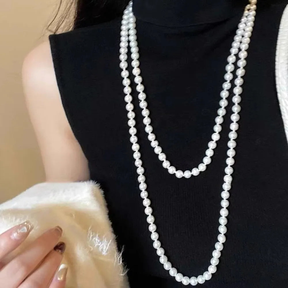 New Exquisite Imitation Pearl Necklaces Multilayer Vintage Long Necklaces Elegant Style Pearl Bead Women Fashion