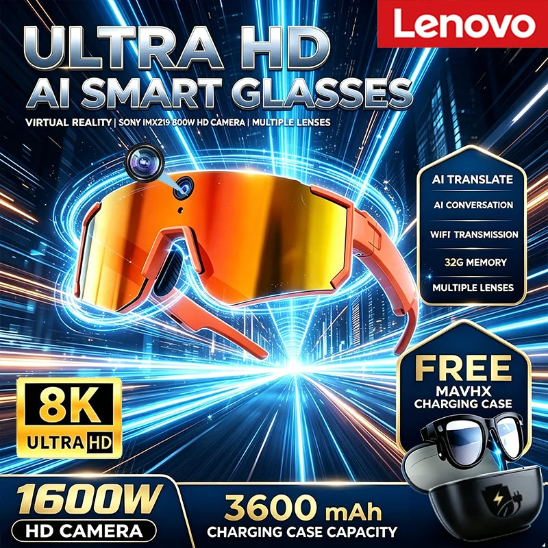 Lenovo 1600w AI Smart Camera Glasses Anti-shake 1080P Video Photo Cycling Sport ChatGPT Sunglasses DualMic 32GB Windproof Goggle