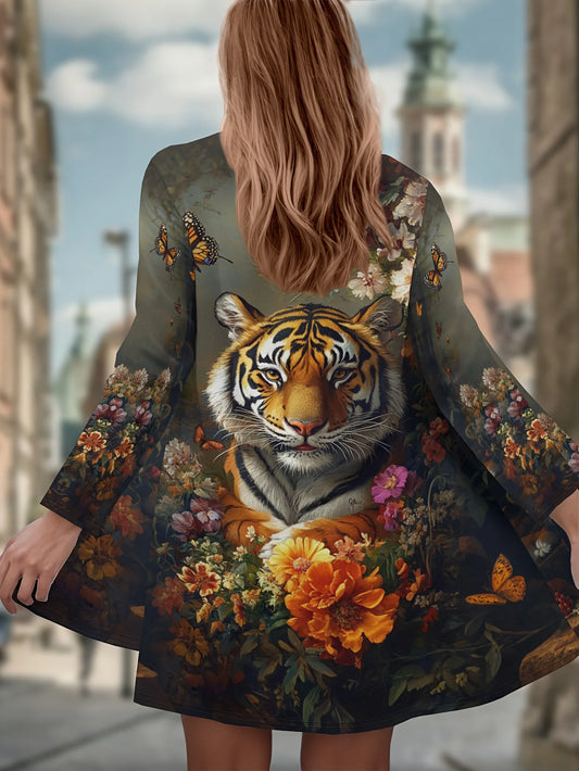 Women's Winter Jacket with 3D Tiger and Lion Animal Prints, Front-Opening Loose Fit Cape, Casual Polyester Women's Clothing