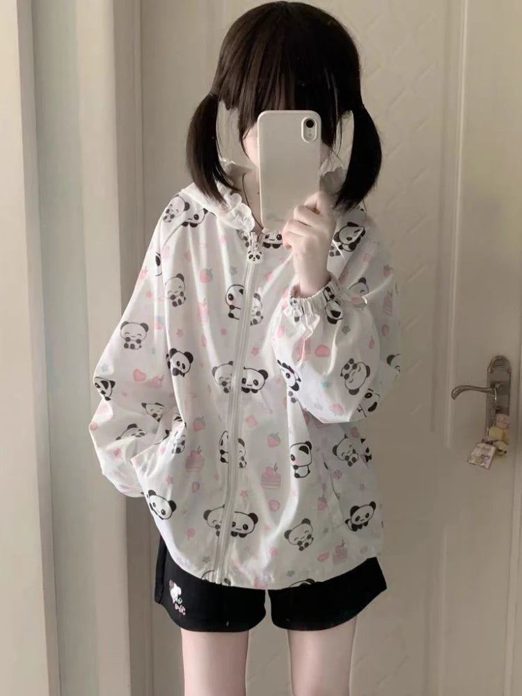Japanese Kawaii Cartoon Print Jackets Loose Y2k Casual Sun Protection Women's Tops Lace Patchwork Preppy Grunge Hooded Coats