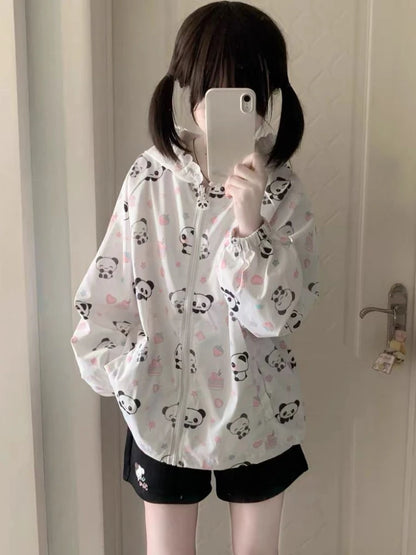 Japanese Kawaii Cartoon Print Jackets Loose Y2k Casual Sun Protection Women's Tops Lace Patchwork Preppy Grunge Hooded Coats
