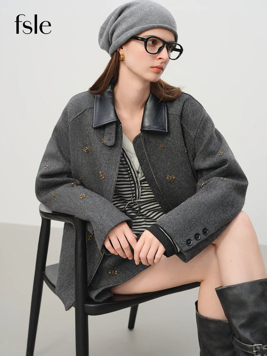FSLE【Premium Series】Wool Embroidery Patchwork Tweed Coat Women 2025 Winter New Jacket Turn Down Collar Commuting Age-reducing
