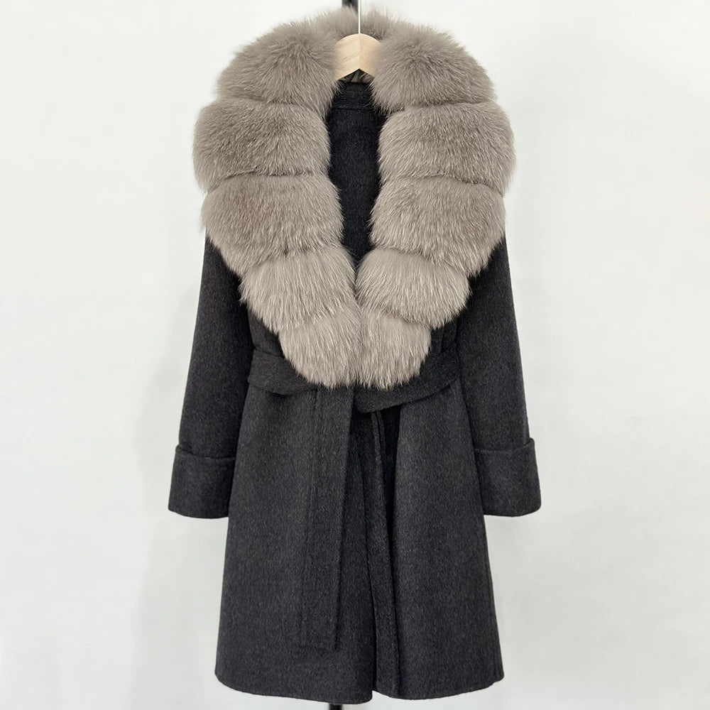 GENHUA 2025 New Winter Cashmere Wool Blends Women Natural Fox Fur Collar Cuffs Slim Fit Suit Double Sided Woolen Trench Coat