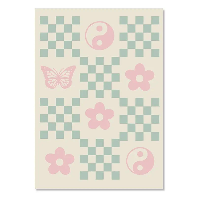 Colorful Danish Pastel Canvas Painting Aesthetic Poster Cherry Plaid Smiley Flower Butterfly Print Wall Art Nursery Home Decor