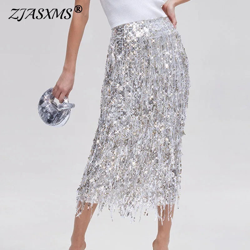 Stylish Glitter Sequined Sparkly Evening Skirts Elegant 2026 Spring High Waist Slim Split Tassel Skirt Summer Sexy Women's Skirt