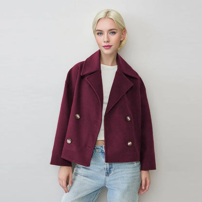 Casual Short Woolen Blends Coats Women Loose Lapel Bouble Breasted Pocket Full Sleeve Jacket 2025 Autumn Winter Lady Solid Coat