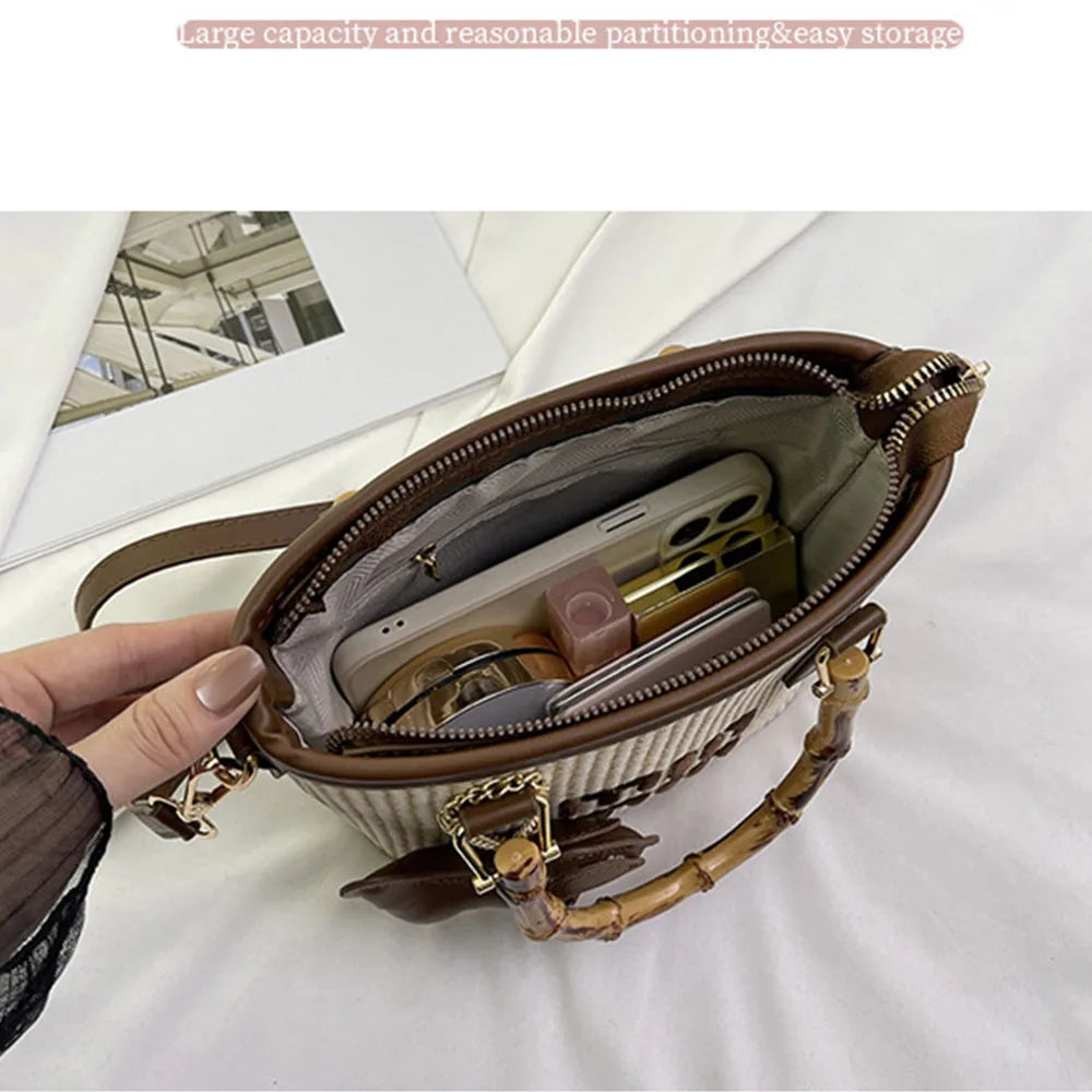 Women's Crossbody Bag Bamboo Fiber Woven Basket Bag Water Bucket Bag Zipper Closure, Versatile for Casual & Formal Occasions
