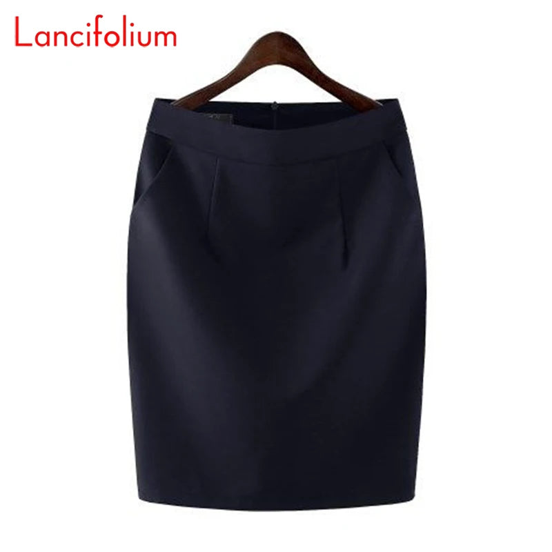 Knee Length Work Office High Waist Skirt Women Summer Vintage Formal OL Skirt Pocket Female Black Grey Bodycon Business Skirt