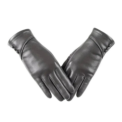 Simple Solid Color Full Finger Mittens Button Thickened Women Leather Gloves Windproof Keep Warm Touch Screen Gloves Outdooor