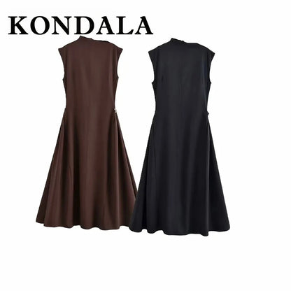 KONDALA Vintage Brown Elegant Woman Dresses Fashion 2025 Pleated Asymmetric Sleeveless Dress Chic Evening Party Female Vestidos