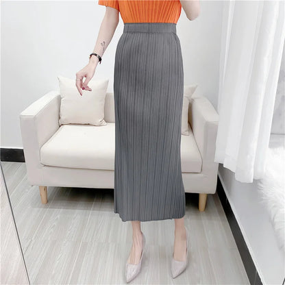 Fold Miyake Pleated Comfortable Casual Half-body Skirt Women High Waisted Thin 2025 Summer New Small Pleated Medium Skirt