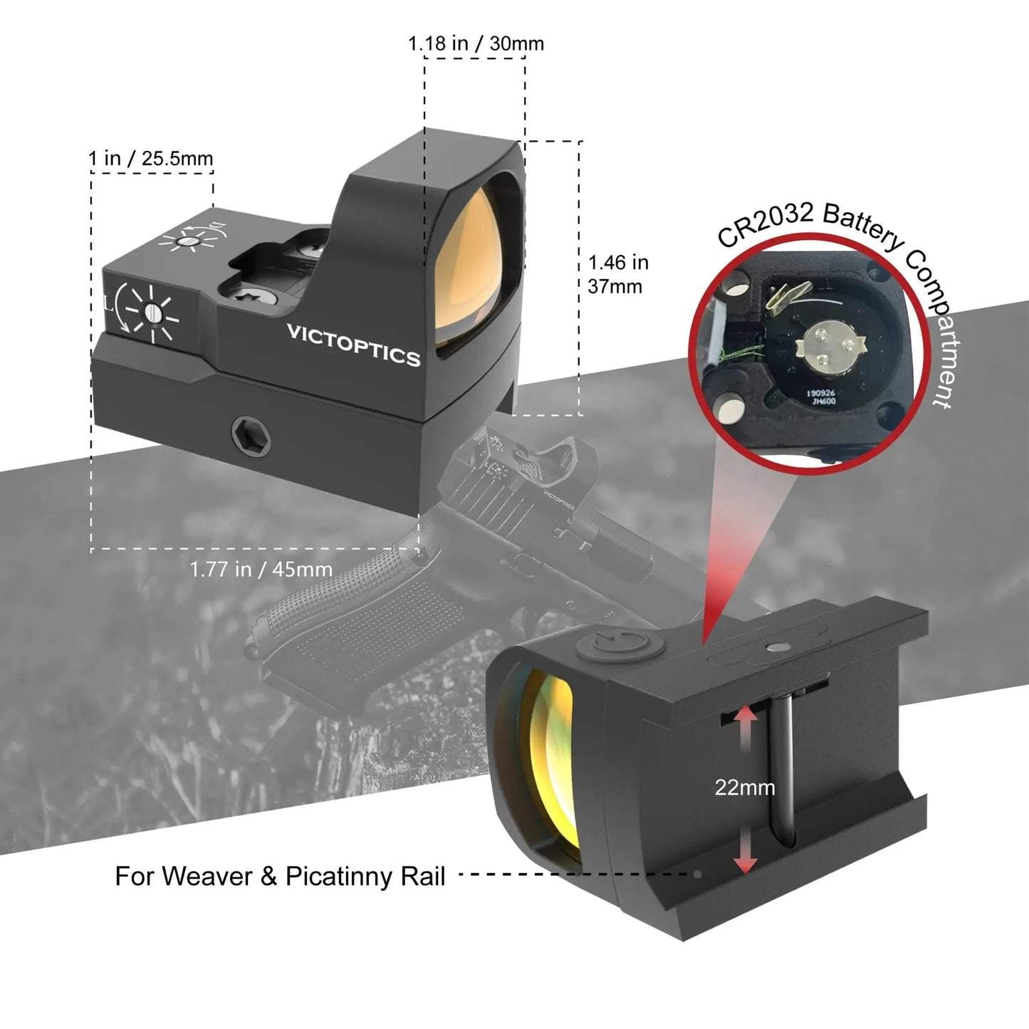 Victoptics V3 1x17x26 Red Dot Sight For Close-in Work&General Shooting Compatible With R.M.R Footprint For Airsoft & 9mm Pistol