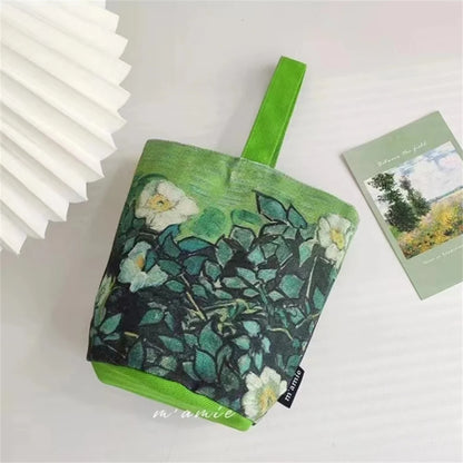 Van Gogh Oil Painting Bucket Bag Literary Portable Handbag Cup Bag Vintage Tote Canvas Bag for Girls