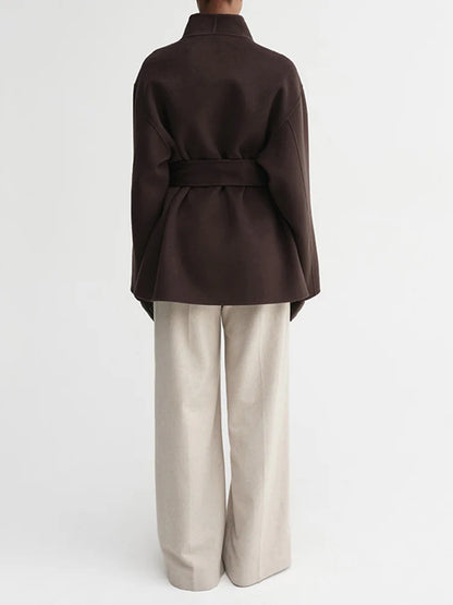 Fashion Casual Brown Coat Cardigan Simple Loose V-Neck Long Sleeve With Belt Jackets 2025 Autumn Winter Lady New Solid Outerwear