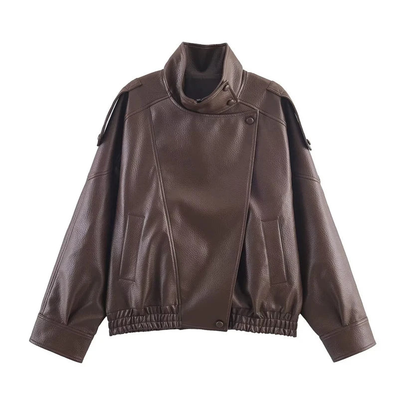 Vintage Stand Neck Leather Jacket Women Solid Motorcycle Style Asymmetry Elastic Hem Loose Cropped Jackets Lady New Outwear 2026