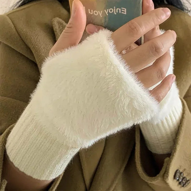 Women's Knitted Fingerless Gloves Touchscreen Thermal Plush Gloves for Autumn Winter Non-Slip Grip