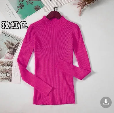 2026 Autumn Basic Bottoming Sweater Top Women Ribbed Soft Mock Neck Elastic Pullover Warm Solid Color Slim Jumper