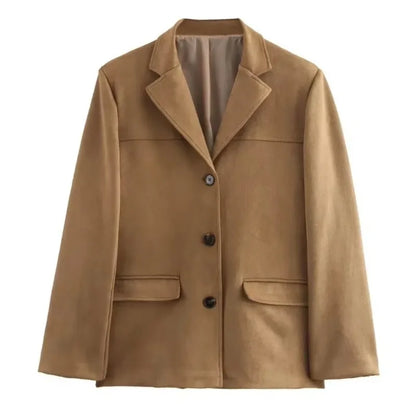 Talenza Vintage Women's Suede Leather Jacket Single Breasted Lapel Brown Blazer Loose Coats 2025 Autumn Office Lady Outerwears