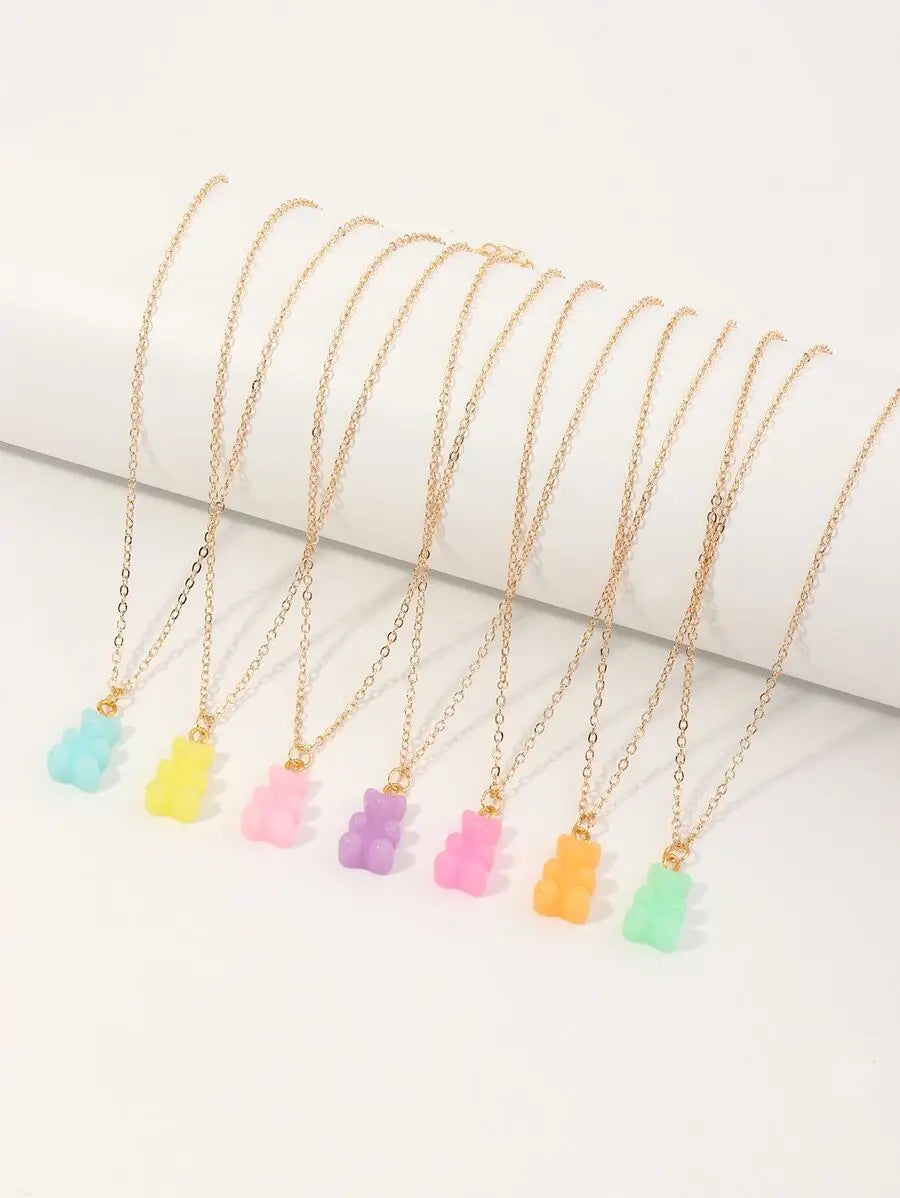 7pcs Cute Girls‘ Bear Charm Necklace Set, Sweet Dainty Jewelry for Daily Wear & Gifting