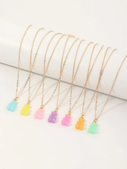 7pcs Cute Girls‘ Bear Charm Necklace Set, Sweet Dainty Jewelry for Daily Wear & Gifting