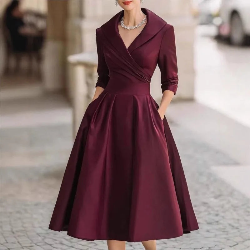 Elegant Solid Color Waist Cinching Sexy V-neck Dress Autumn Winter Women's Clothing New Long Sleeved Dress Pockets Ropa Mujer