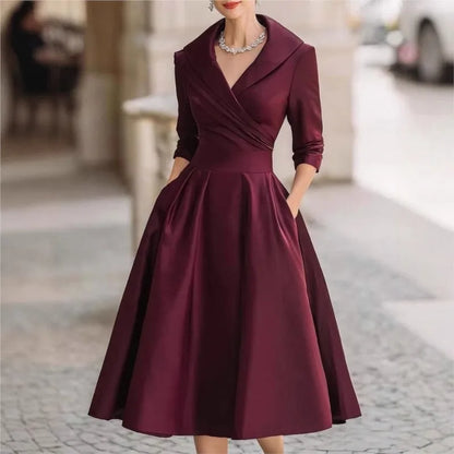 Elegant Solid Color Waist Cinching Sexy V-neck Dress Autumn Winter Women's Clothing New Long Sleeved Dress Pockets Ropa Mujer