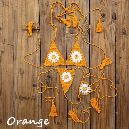Hand crochet Cottom Thong String Daisy Applique Mini Bikini Swimwear Sunbathing Micro Swimwear