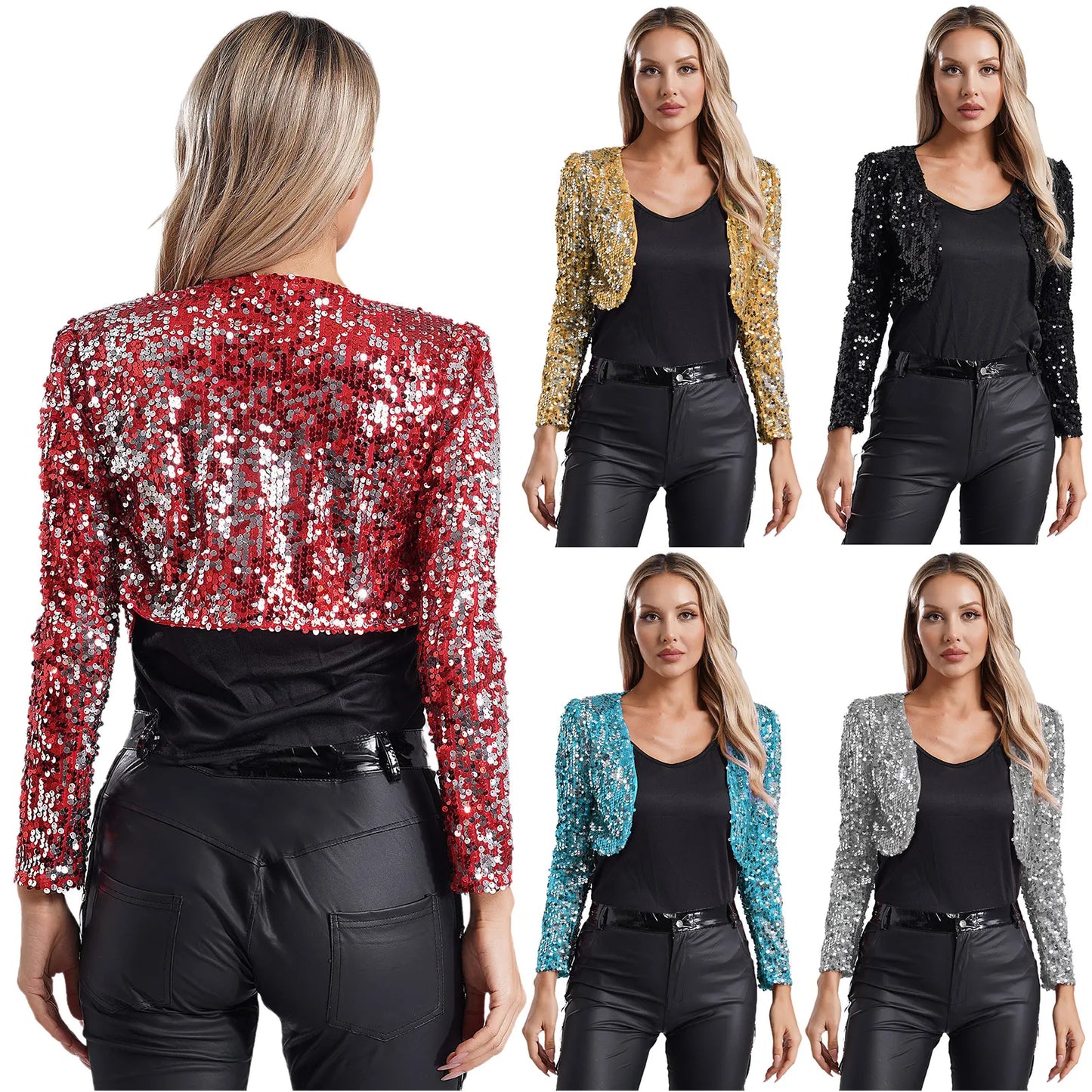 Womens Sequin Crop Jacket Open Front Long Sleeve Fully Lining Cardigan Cropped Blazer Bolero Shrug Cocktail Club Party Outerwear