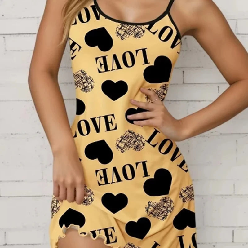 1 Piece Casual & Comfy Heart & Letter Print Nightdress, Lettuce Trim Sexy Slip Short Nightdress, Women's Sleepwear & Dresses
