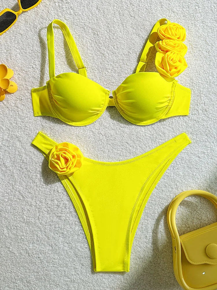 2025 New Sexy Bikini Set Women Swimsuit 3d Flower Strap Swimwear Push Up Thong Bathing Suit Underwire Biquini 2 Piece Beachwear