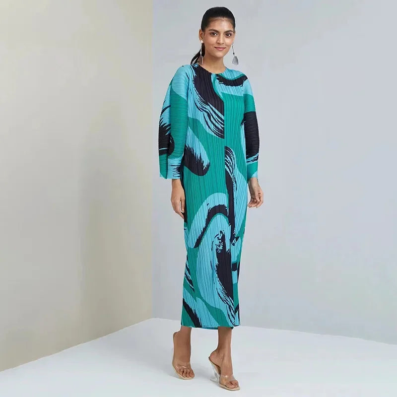 Miyake Pleated Hand Painted Long Dress 2022 New Spring Summer Loose Women Long Sleeves Designer Elegant Fashion Clothes In Stock