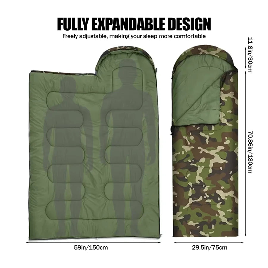 Dirt Proof Sleeping Bag Camouflage Green Bedding with Hat Warm Suitable for Outdoor Camping, Hiking and Backpacking