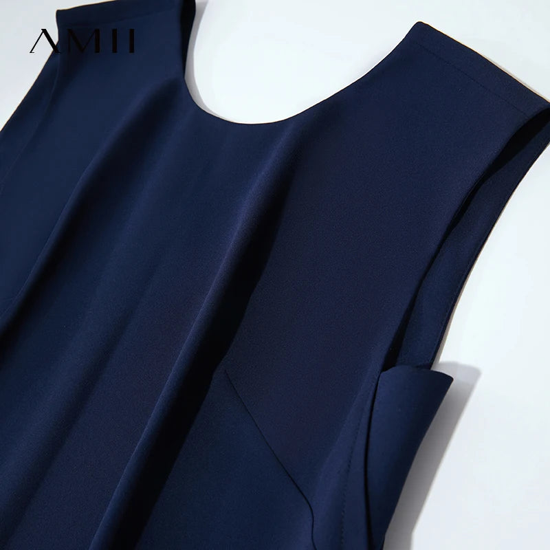 AMII Minimalist Office Lady Dress Women Summer 2025 Sleeveless Solid Round Neck Loose Chiffon Dresses Female Fashion 12522075