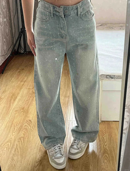 Elegant Light Blue Beaded Straight Denim Pants for Women High Waist Slim Fit Wide Leg Long Trousers