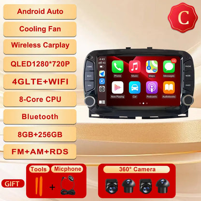 GPS Navigation Android 15 Auto Carplay 7" For FIAT 500 2016 - 2019 Stereo Multimedia Player 4G WIFI Bluetooth DSP 360 Camera